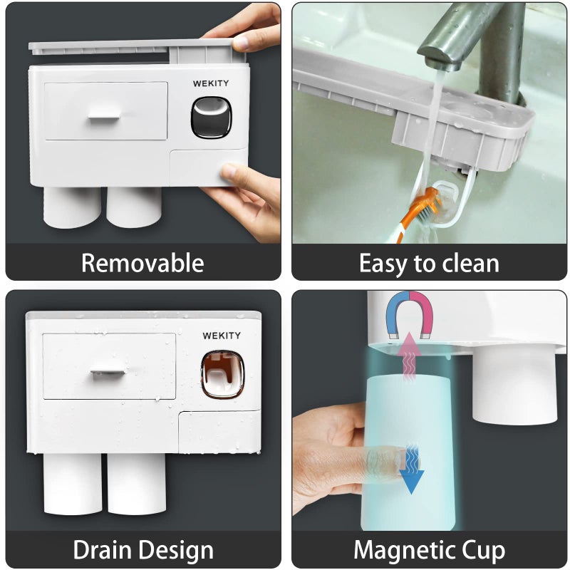 Wekity Multifunctional Wall-Mounted Toothbrush Holder, Automatic Toothpaste Dispenser Space Saving Toothbrush and Toothpaste Holder, with 2 Cups and Drawers Cosmetic Organizer(Grey) - Image 5